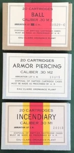 EAU CLAIRE WWII CAL . 30 NEW REPLICA 20 ROUND AMMO BOXES - 3 LABEL DISPLAY SET - Picture 1 of 9