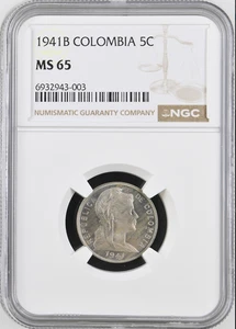 :1941-B 5-CENTAVOS COLOMBIA HEAD RIGHT GEM NGC MS65 UNIQUE RARE R10 1/0 TOP POP - Picture 1 of 4