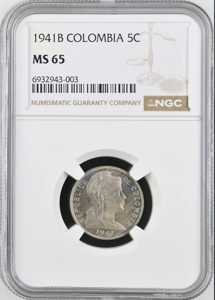 :1941-B 5-CENTAVOS COLOMBIA HEAD RIGHT GEM NGC MS65 UNIQUE RARE R10 1/0 TOP POP - Image 1 of 4