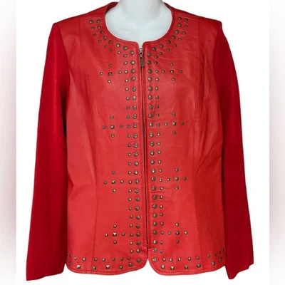Peter Nygard Ladies Red Leather/Sweater Mix Stud Detail Full Zip Jacket Medium - Image 1 of 4