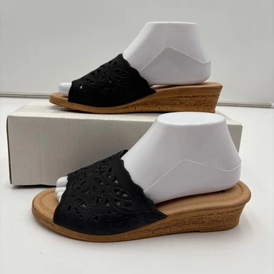 Spring Step Estella Leather Cutout Slide Sandals Black Comfort Wedge Size 40 - Image 1 of 4