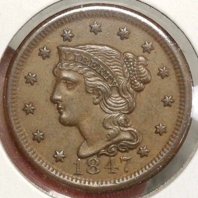 1847 Braided Hair Large Cent, Choice Almost Uncirculated  0201-04 - Imagem 1 de 4