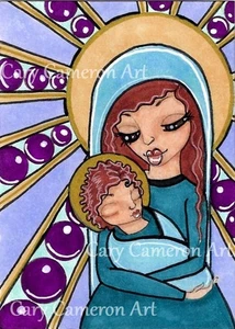 ACEO Original Painting Big Eye Madonna Chid Icon Fantasy Outsider art -C Cameron - Picture 1 of 1
