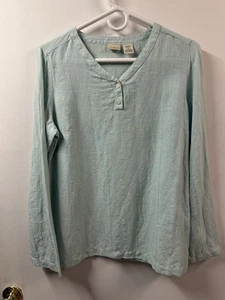 L.L Bean 100% Linen Women’s V Neck Henley Green SZ S Natural Coastal Blouse - Picture 1 of 6