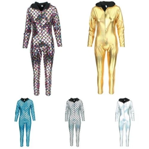 Con Cappuccio Tuta Elasticizzata Body Tutina Pantaloni Oro Argento Sirena Squame - Immagine 1 di 1