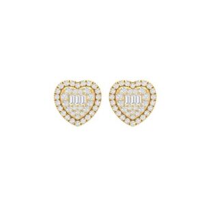 Round And Baguette Heart Halo Moissanite Studs 925 Silver Yellow Gold Plating