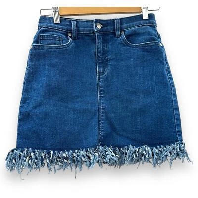 Venus Dark Wash Raw Fringe Hem High Waist A-Line Denim Mini Skirt Size 4 - Image 1 of 4