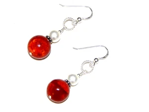 Sterling Silver Ear Rings Red Fossil Sponge Coral With Pearls - Picture 1 of 7