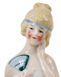 Half Doll Woman Blonde Hair Holds Fan Porcelain Germany No Pin Cushion Vintage - Picture 1 of 10