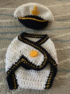Captain Outfit Set Baby Handmade Crochet Navy Newborn -Photo Props - Picture 1 of 1