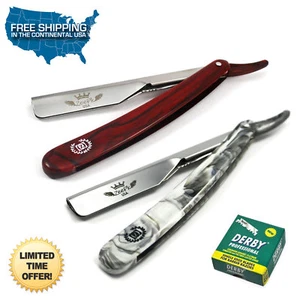 NEW 2 PC SMART CUT THROAT BARBER STRAIGHT SHAVING RAZORS + 100 DERBY BLADES USA - Picture 1 of 2