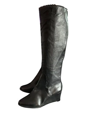 Jack rogers Black Leather Knee-High Wedge Boots Scalloped Back Zipper Closure 5 - Image 1 of 4