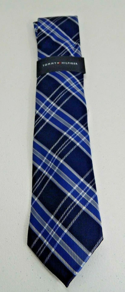 B2g1 Tommy Hilfiger Men's Vincent Plaid Tie Navy and Teal Silk Blend