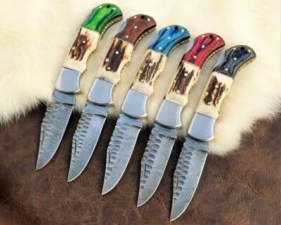 LOT OF 20,Handmade Damascus Steel Folding pocket Knife In Stag Horn With Sheaths - Image 1 of 4