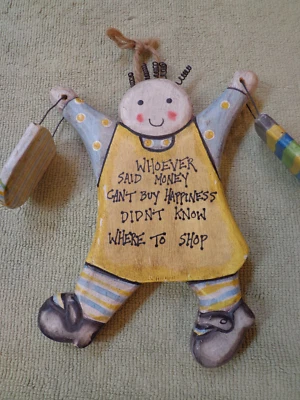 Muñeca de madera vintage adorno hecho a mano letrero dinero felicidad compras - muy lindo Foto 1 de 4