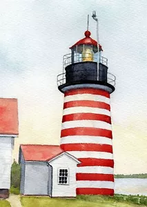 West Quoddy Head Lighthouse, Lubec Down East Maine. Rob Thorpe Watercolor Prints - Picture 1 of 2