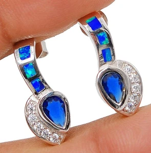 1CT Treated Sapphire & Australian Opal Inlay 925 Sterling Silver Earrings OE8 - Picture 1 of 1