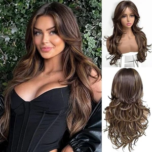 Peluca ondulada corte en capas marrón oscuro resaltada 100 % cabello humano 13x4 frente de encaje - Imagen 1 de 4