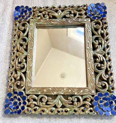 Espejo de madera tallado azul mosaico detalles de cristal colgante de pared hecho en la India Foto 1 de 4