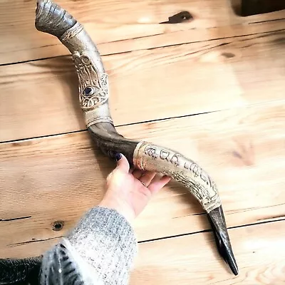 VENTA Shofar Shema Israel Plateado Kudu Cuerno 34" Shma Israel Hebreo + Hamsa - Imagen 1 de 4