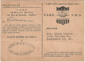 WWII War Relief C.A.R.E. Paquete América a París Francia Años 40 Recibo de Entrega - Imagen 1 de 2