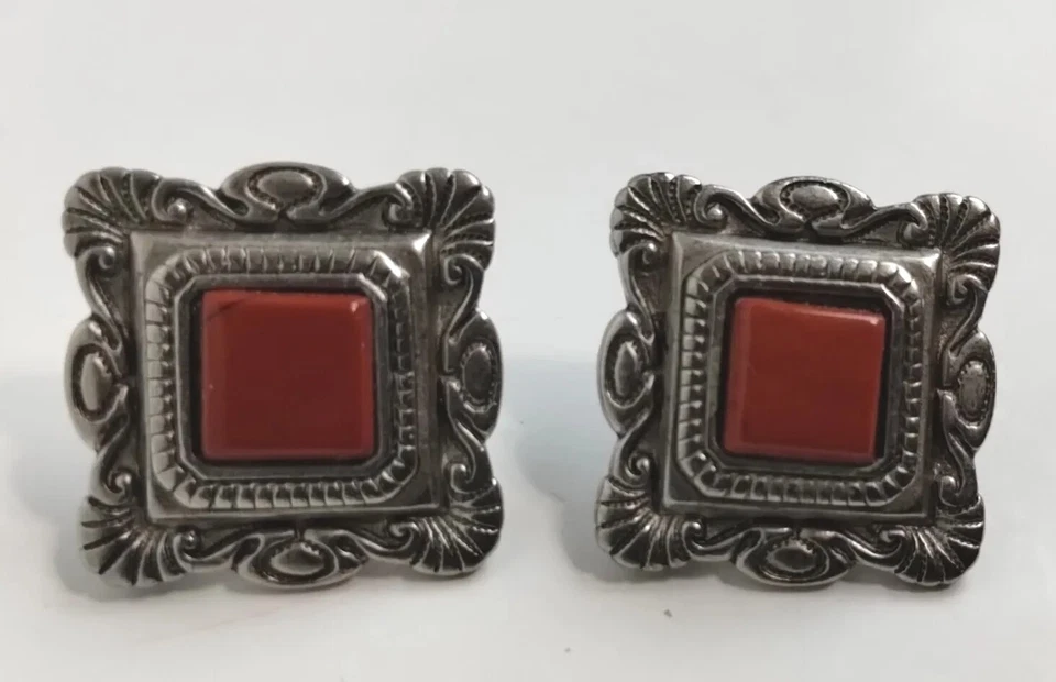 Vintage Robert Rose Silver Carnelian Pierced Earrings Native Southwestern Square - Image 1 of 4