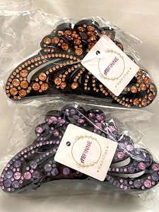 Black 2 Large Claw Clips Thick Hair Embellished Purple & Peach Crystals Arfinne - Picture 1 of 7