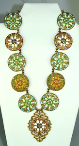 VINTAGE FRENCH CHAMPLEVE ENAMEL 19" NECKLACE W/ 12 ROUND MEDALLIONS & 1 PENDANT - Picture 1 of 8