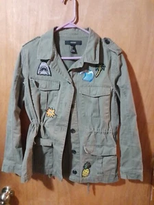 Forever 21 Utility Drawstring Green Jacket With Patches Size Small SUPER CUTE  - Picture 1 of 24