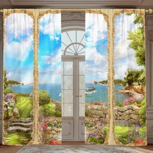 2PCS 3D Seaside Garden Curtains Faux Window Landscape Printed for Bedroom Office - Picture 1 of 28
