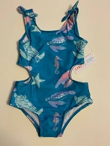 NWT Dot & Zazz Girl Swim Bathing suit 1pc Teal Blue Seahorse Turtle Sz 4 - Picture 1 of 4