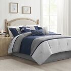 Navy Blue Gray Grey Stripes Color Block 7pc Comforter Set Queen Cal King Bedding