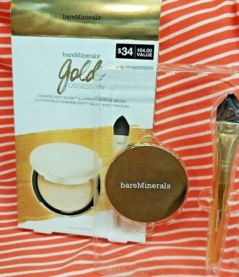 bareMinerals GOLD OBSESSION SET Chandelight Illuminator + Brush Highlighter NEW! - Image 1 of 3
