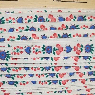 Vintage 10+ yards White Blue Heart Pink Floral Cottagecore Ribbon 3/4" wide - Image 1 of 4