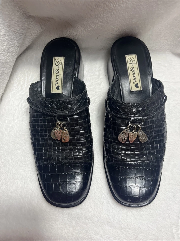 Zapatos Brighton Negros Franki Croc Cuero Repujado Mules Tejidos Con Dijes Talla 8.5 Foto 1 de 4
