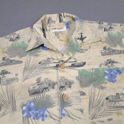 Eagle Crest Kamp Military Hawaiian Shirt Men's Size XL Apache Humvee LAV Tanks  - Image 1 of 4