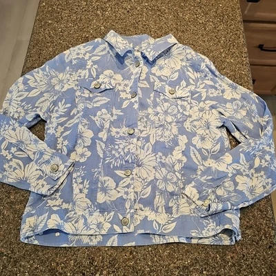 C&C California Linen Jacket Womens Large Blue Floral Beachy Button Up 100% Linen - Image 1 of 4