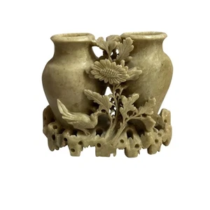 Jarrón doble de piedra de jabón tallada a mano vintage decoración de diseño floral y pájaro 5"x6" - Imagen 1 de 4