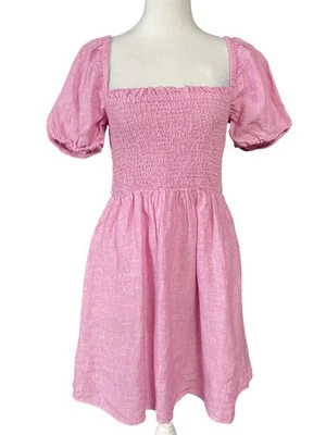 J Crew Dress Womens Small Pink Linen Puff Sleeve Smocked Bodice Pockets SU22 - Image 1 of 4