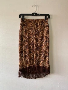 VTG 90s Brown Mesh Suede Fringe Midi Skirt Paisley Boho Festival Small - Picture 1 of 6