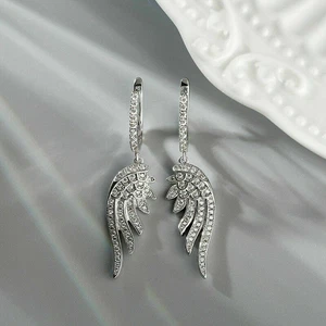 1.3Ct Round Simulated Diamond Feather Drop & Dangle Earrings 14K White Gold Over - Picture 1 of 4