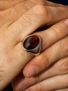 Anello In Argento Sterling 925 Con Gemma Di Granato Naturale Per Uomo #840 - Foto 1 di 3