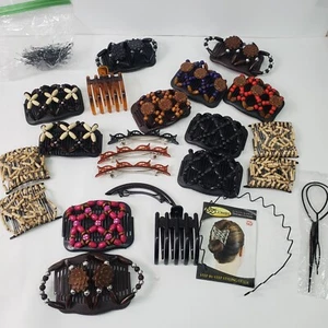 EZ Stretchable Double Combs Barrettes Clips Hooks Beaded Wooden Lot of 20+ Items - Picture 1 of 9