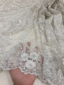 Embroidered Lace Ivory Flower Bridal-Wedding Fabric By The Yard Silver Sequin - Picture 1 of 10