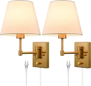 Plug-in Wall Sconces Set of 2 Beige Shade Swing Arm Wall Lamp with Plug-in Cord - Picture 1 of 7