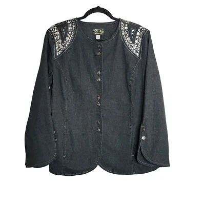 NUEVO CON ETIQUETAS Bob Mackie Art to Wear Camisa Chaqueta Denim Botón Adornada Negro Azul L Foto 1 de 4