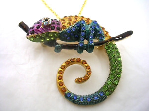 LIZARD CHAMELEON PIN & PENDANT WITH MULTI COLORED CRYSTALS IN STAINLESS STEEL
