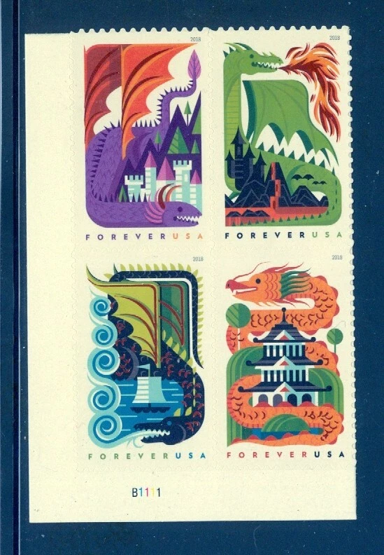 US 5307-5310 Dragons, Forever, Plate #B1111 Block/4, LL, Mint NH - Image 1 of 1