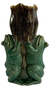 VTG Majolica Style Vase Frogs Lily Pad Blossom Feng Shui Good Luck 10” READ - Picture 1 of 16