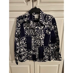 Camicia Finley blusa manica lunga stampa blu navy e bianca con bottoni XL - Foto 1 di 7